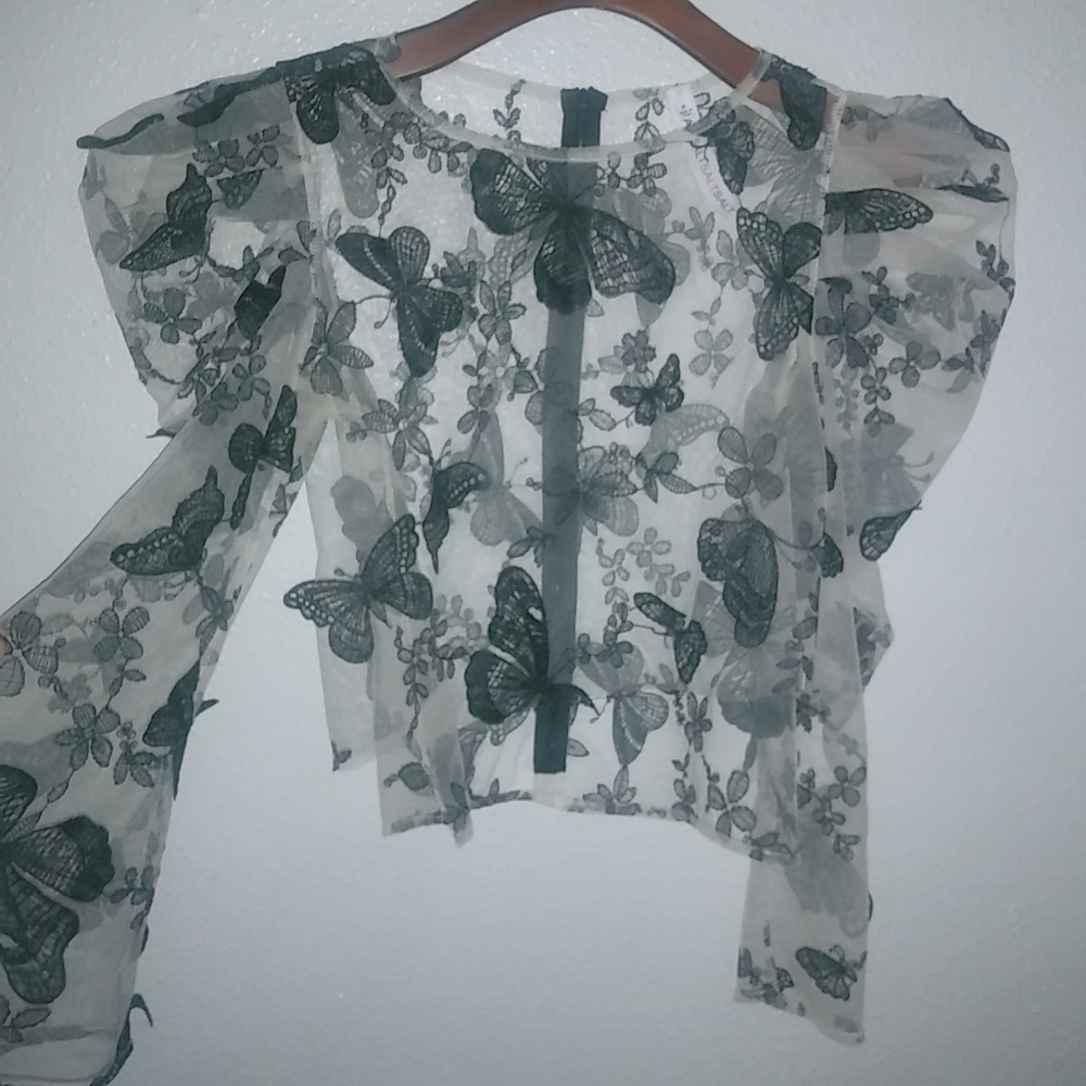 Salt M Whimseygoth Butterfly Romance Net Applique Puff Sleeve Crop Top